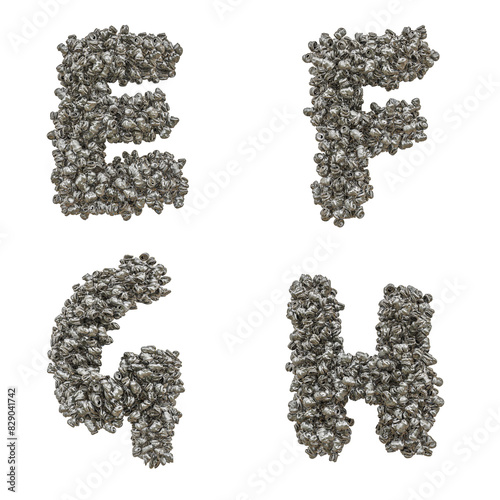 3d render of Crushed aluminium can capital letter alphabet - letters E-H