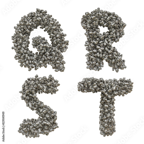 3d render of Crushed aluminium can capital letter alphabet - letters Q-T