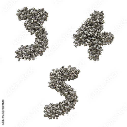 3d render of Crushed aluminium can capital letter alphabet - digits 3-5