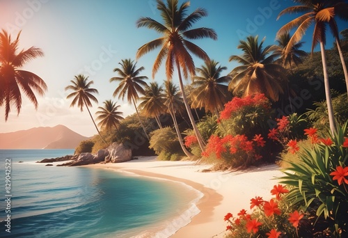 Tropical and Beach Island Landscape Beautiful View with flowers 