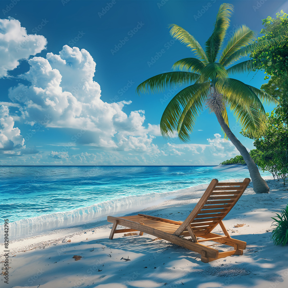 Illustration of a beach on the islands with a sun lounger and a palm tree. Illustration created using artificial intelligence. Illustrations and Clip Art AI generated.