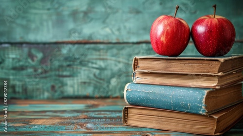 Two Apples Resting on Top of a Stack of Books