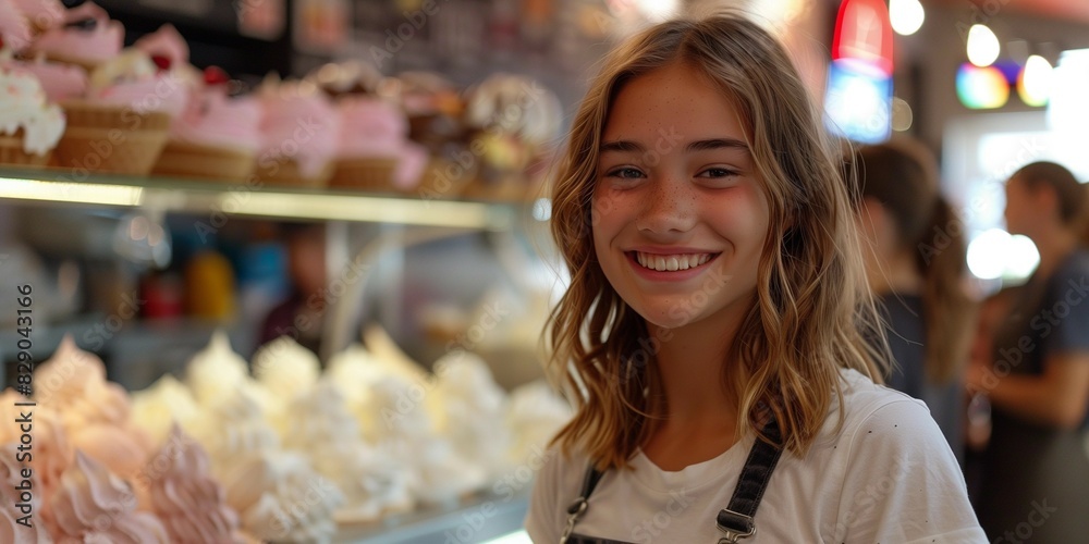Summer Job Joy: Teen Scooping Ice Cream with a Smile, generative ai Summer Job Joy: Teen Scooping Ice Cream with a Smile, generative ai