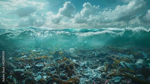 Polluted ocean surface with floating debris and waste 
