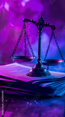 Scales on a stack of papers. Background for a law firm. Illustration created using artificial intelligence. Illustrations and Clip Art AI generated.