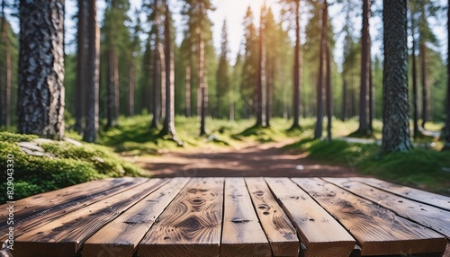 beautiful blurred boreal forest background view with empty rustic wooden table for mockup product display picnic table with customizable space on table top for editing flawless