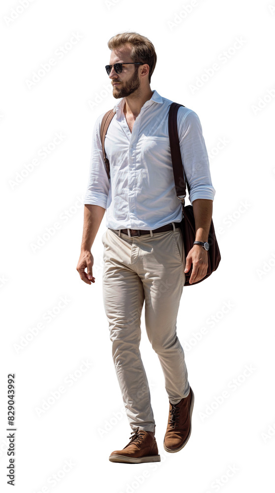 Isolated walking handsome young man wearing beige chinos and holding a bag, png,cutout on transparent background, ready for architectural visualisation Isolated walking handsome young man wearing beige chinos and holding a bag, png,cutout on transparent background, ready for architectural visualisation