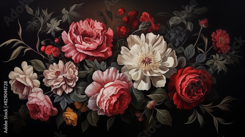 Flowers on a black background. Classic oil painting on canvas. Illustration created using artificial intelligence. Illustrations and Clip Art AI generated.