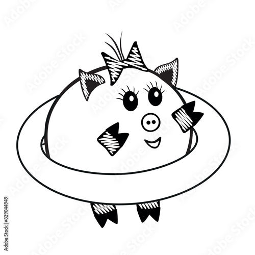 Vector funny pig fat girl in a swimming ring is going for a swim on a white background for coloring book for kids