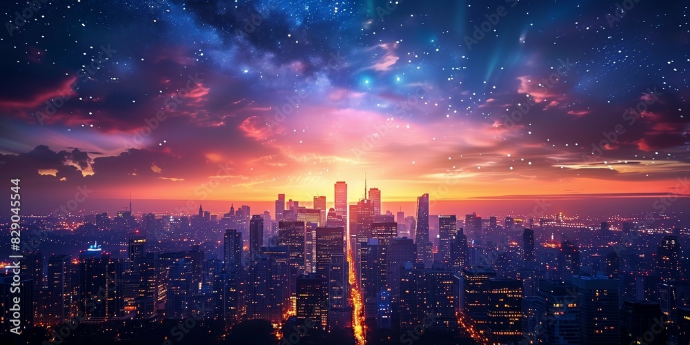 Obraz premium Skyscrapers Aglow in the Night Sky, generative ai