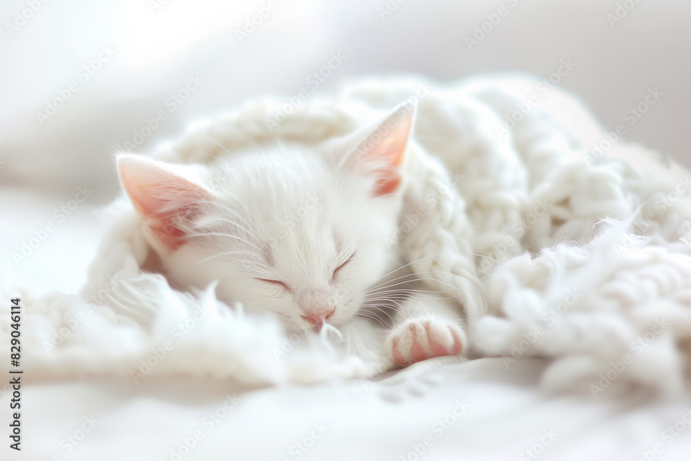 Cute little white cat slipping on a white bedding Cute little white cat slipping on a white bedding