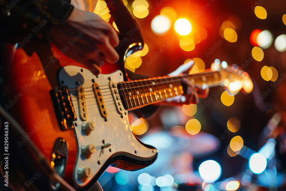 Obraz premium Man playing electric guitar on stage with bokeh lights in the background