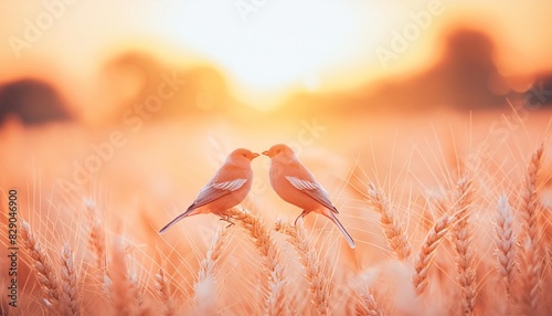 abstract wheat field with two birds warm bright summer day love and friendship concept sunset light golden color background generative ai