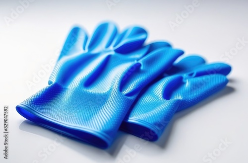 blue rubber cleaning gloves on white background.