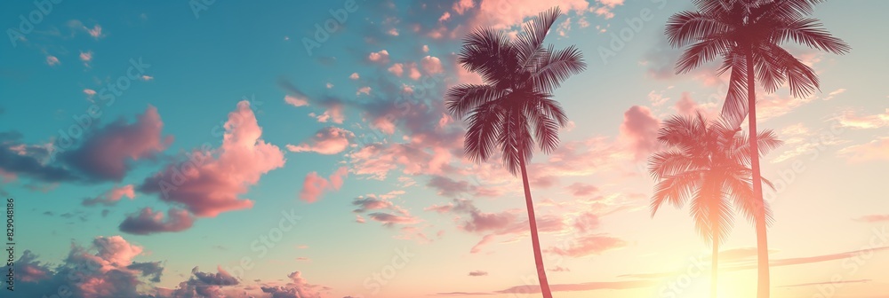 Tranquil scene with palm tree silhouettes against a vibrant sunset sky with clouds