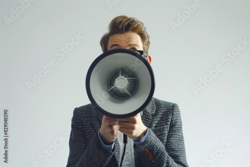 Geeky businessman shouting through megaphone on white background photo