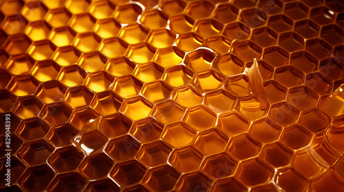 A close-up of a honeycomb pattern, each hexagon filled with golden honey ©  Riley