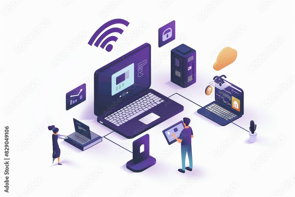 Illustration depicting a multi device setup with Wi Fi connectivity, highlighting the interconnectedness of modern technology and smart devices in a purple themed digital environment Illustration depicting a multi device setup with Wi Fi connectivity, highlighting the interconnectedness of modern technology and smart devices in a purple themed digital environment