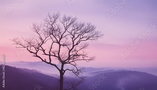 watercolor ombre wash landscape background texture with bare tree