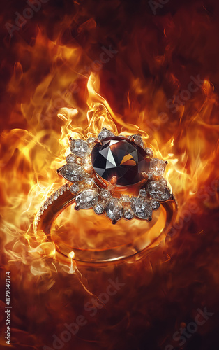Ring with a black diamond on a fiery background. Illustrations created using artificial intelligence. Illustrations and Clip Art AI generated.