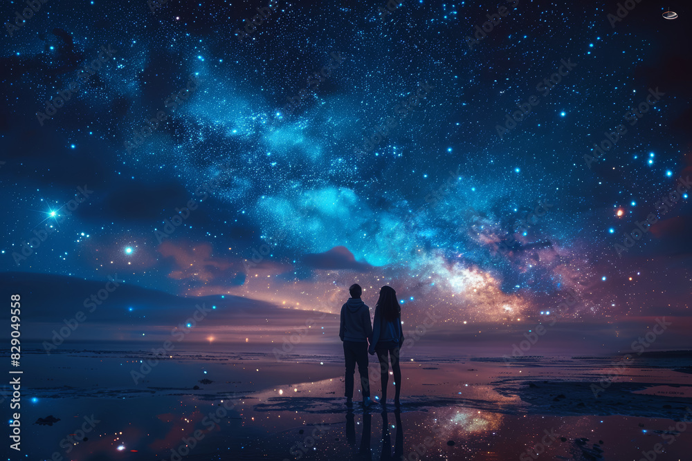 A couple sharing a quiet moment watching the stars. Concept of romance and tranquility. Generative Ai. A couple sharing a quiet moment watching the stars. Concept of romance and tranquility. Generative Ai.