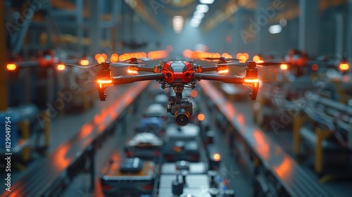 industrial factory with colorful drones hovering overhead, assisting with inventory management and surveillance