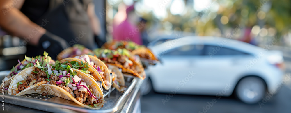 Fototapeta premium Fresh tacos on a tray with vibrant toppings in an outdoor setting with blurred background.