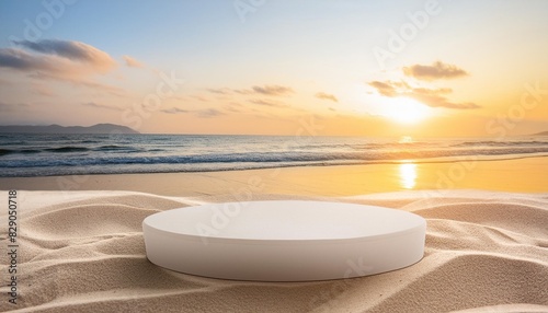 white podium with summer sea sand sun minimal display white sand vacation banner design sandy beach background