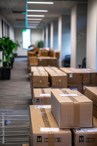 Office space filled with moving boxes during a corporate relocation 