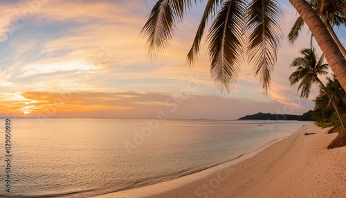 paradise beach with palm trees and calm ocean at dawn or sunset panoramic banner of a peaceful landscape generative ai