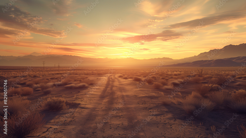 Fototapeta premium Lifeless desert at sunset. Illustrations created using artificial intelligence. Illustrations and Clip Art AI generated.