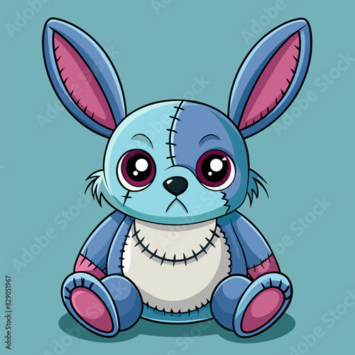 Cartoon bunny with blue and pink colors on a blue background, happy expression