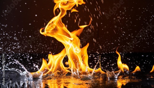 flame of fire with sparks and water drops on a dark background