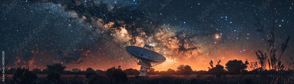  Night sky aglow with stars and a grand radio telescope amidst nature