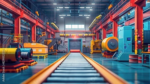 industrial equipment in vivid colors, from conveyor belts to hydraulic presses, arranged neatly in a spacious warehouse photo