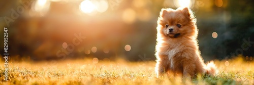 Adorable Pomeranian puppy sitting on a grassy field with the warm glow of sunset highlighting its fluffy fur photo