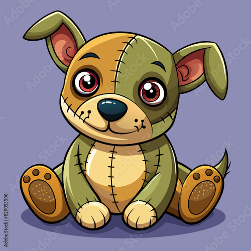 A cute stuffed dog is placed on a bright purple backdrop