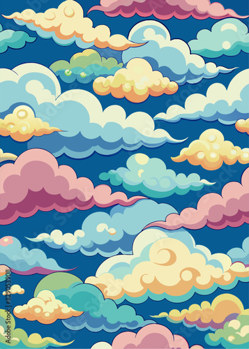 A seamless pattern of colorful clouds on a blue sky