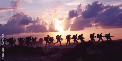 Silhouetted soldiers marching at sunset  capturing the essence of military operation  teamwork  and dedication of troops on a mission in a battlefield setting  Generative AI
