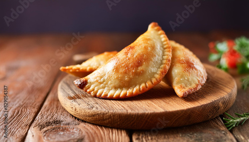 Traditional fried empanadas on wooden board. Tasty fast food. Appetizing snack. Culinary concept