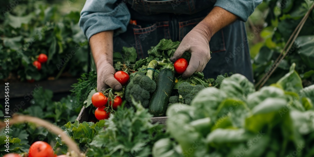 A farmer harvests ripe tomatoes and leafy greens, invoking sustainability and agriculture A farmer harvests ripe tomatoes and leafy greens, invoking sustainability and agriculture