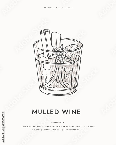Mulled wine. Alcoholic cocktail with orange, star anise and cinnamon sticks in glass. Traditional winter hot drink with spices and fruits for Christmas holiday. Illustration for drinks cards, bar.