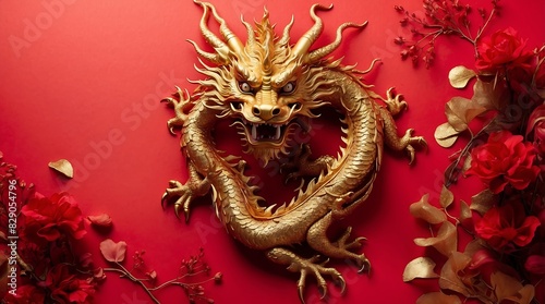 golden chinese dragon on red color background, generative ai © Fthole