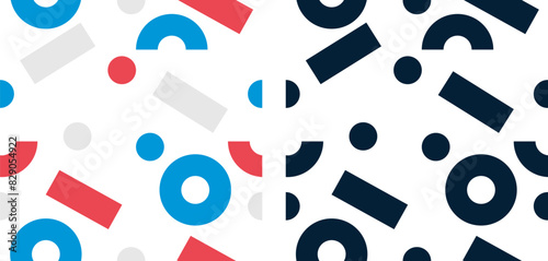 vector illustration of a seamless pattern with basic geometric shapes in blue, red and white