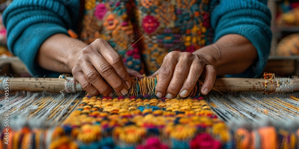 Colorful Threads Weaving Masterpiece on Loom, generative ai Colorful Threads Weaving Masterpiece on Loom, generative ai