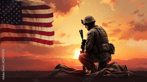 Soldier Kneeling at Sunset with Flag