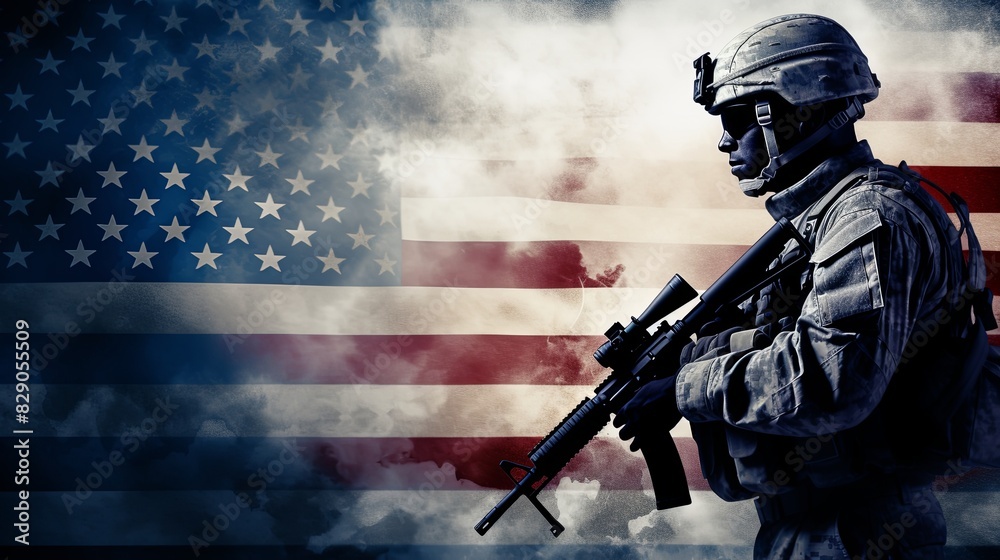 Armed Soldier with American Flag Background Armed Soldier with American Flag Background