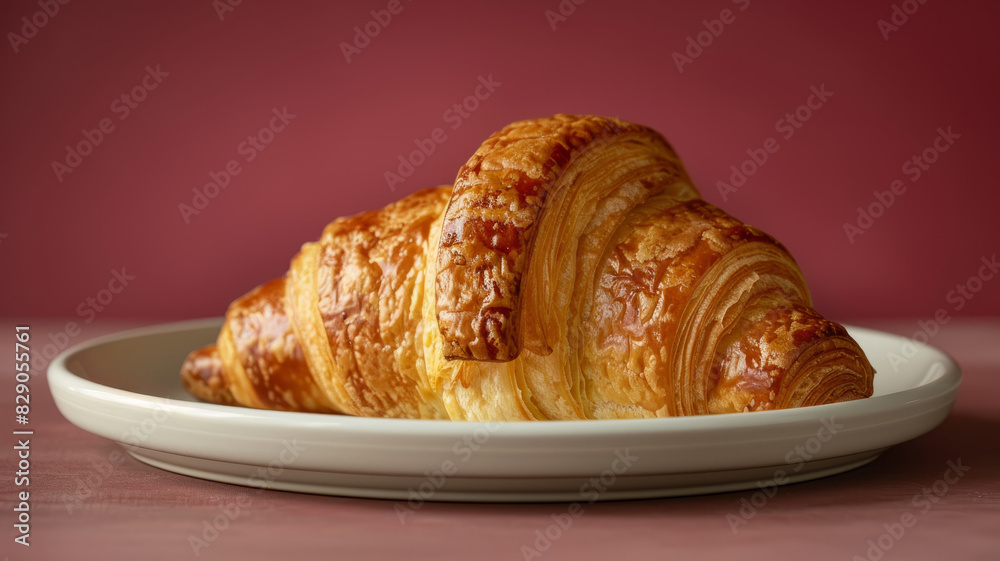 Golden croissant on a white plate against a maroon background