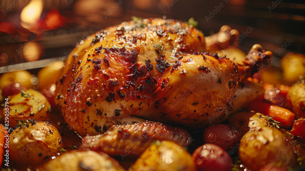 Golden brown roast chicken with baked potatoes in an oven. Golden brown roast chicken with baked potatoes in an oven.