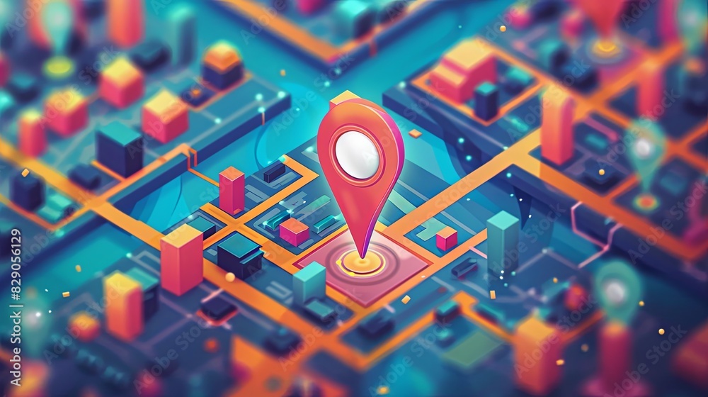 A detailed isometric map showing a red marker pinpointing a location on